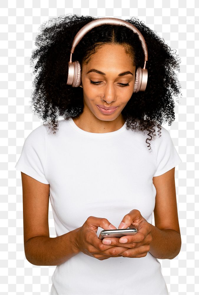 Smiling woman mockup png texting and listening to music digital device