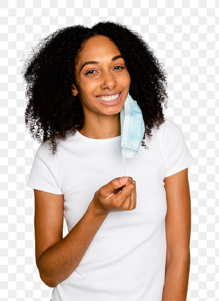 Woman taking off mask mockup png in the new normal