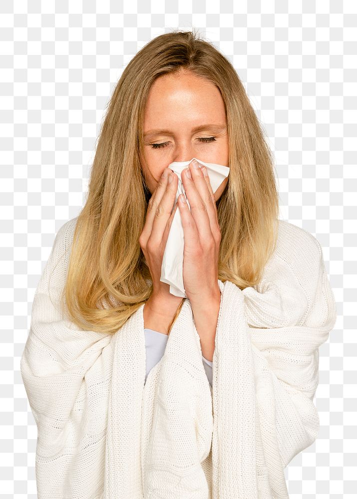 Woman blowing nose mockup png with blanket covering her