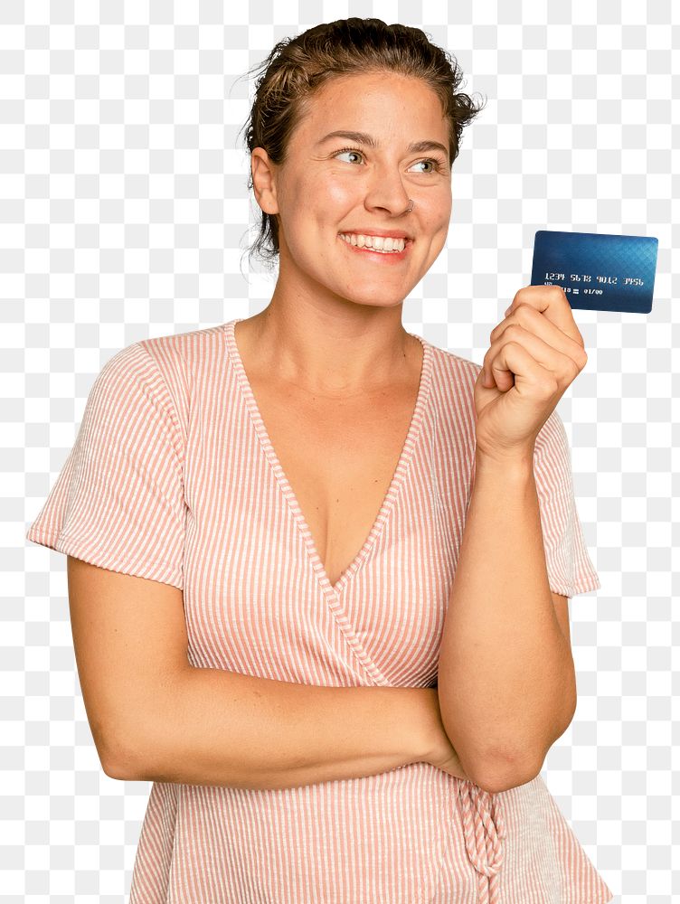 Cheerful shopaholic woman mockup png holding credit card cashless payment