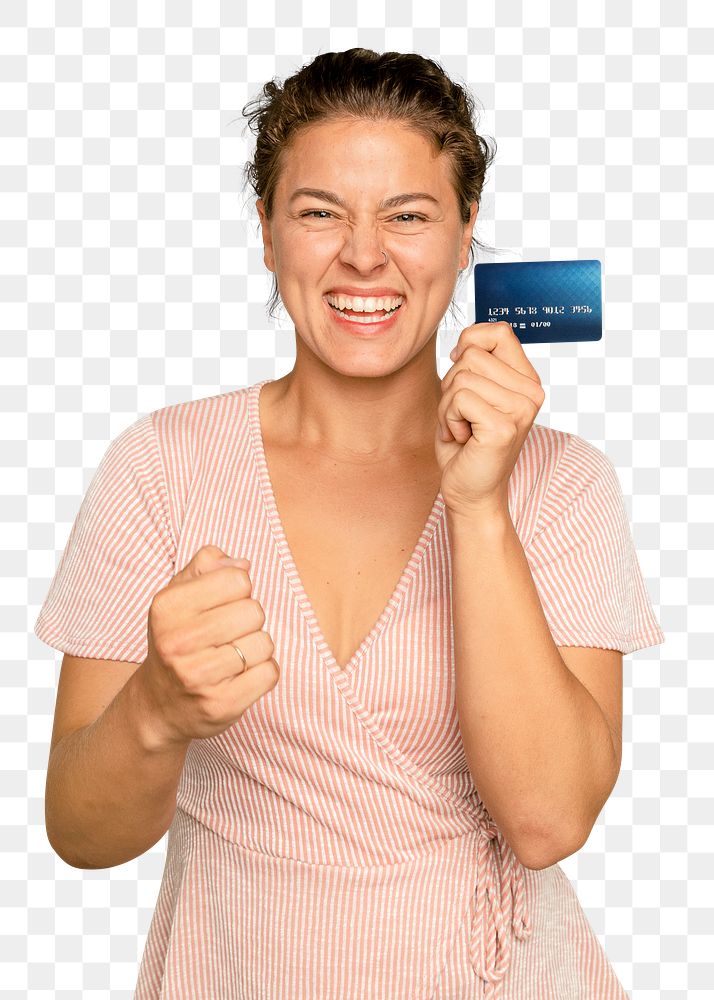 Cheerful shopaholic woman mockup png holding credit card cashless payment