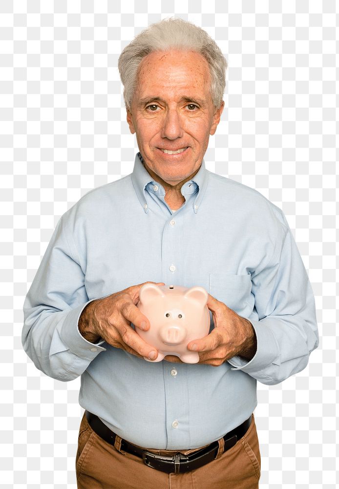 Senior man mockup png holding piggy bank for financial savings campaign