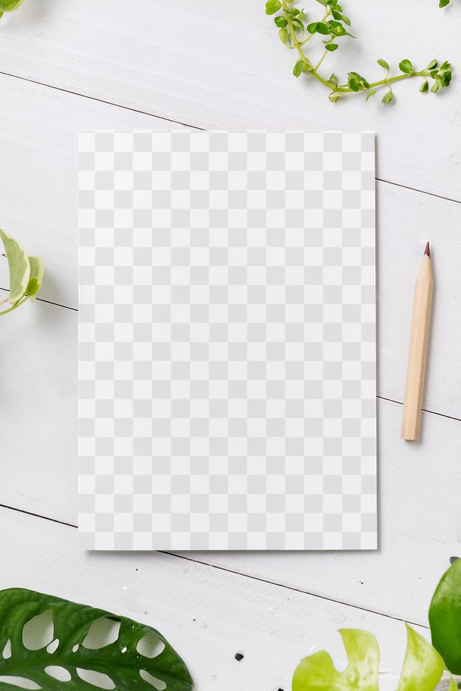 Png paper mockup on wooden table with plants flat lay