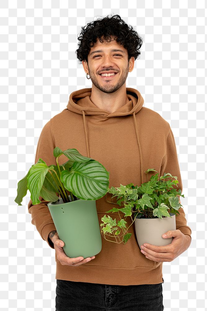 Png plant parent mockup holding potted houseplants