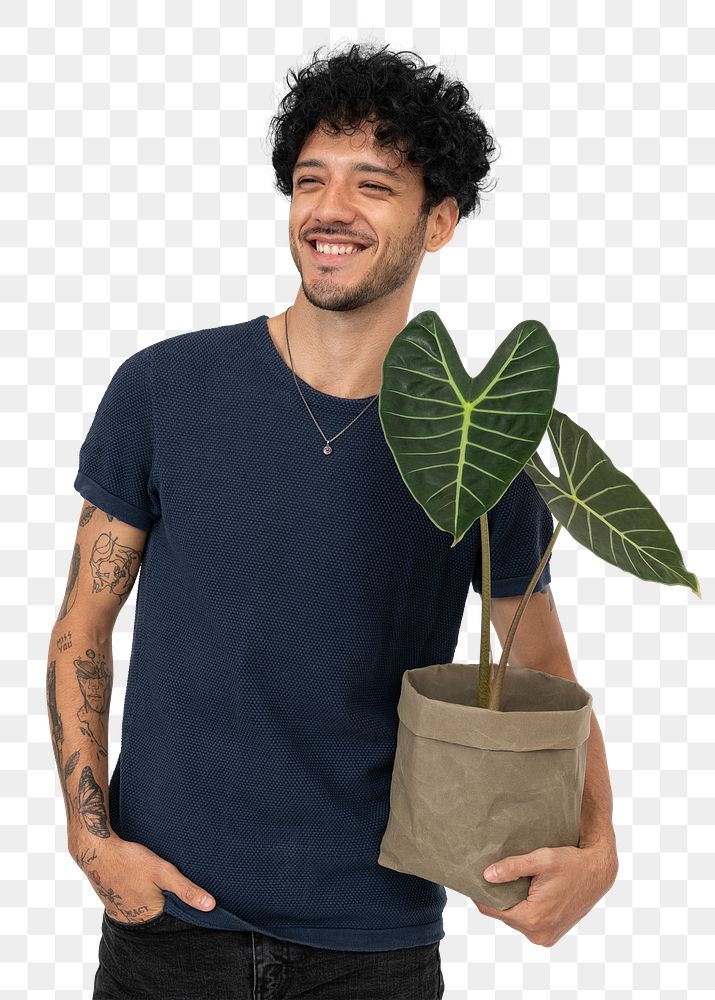 Png happy plant parent mockup  holding potted alocasia longiloba