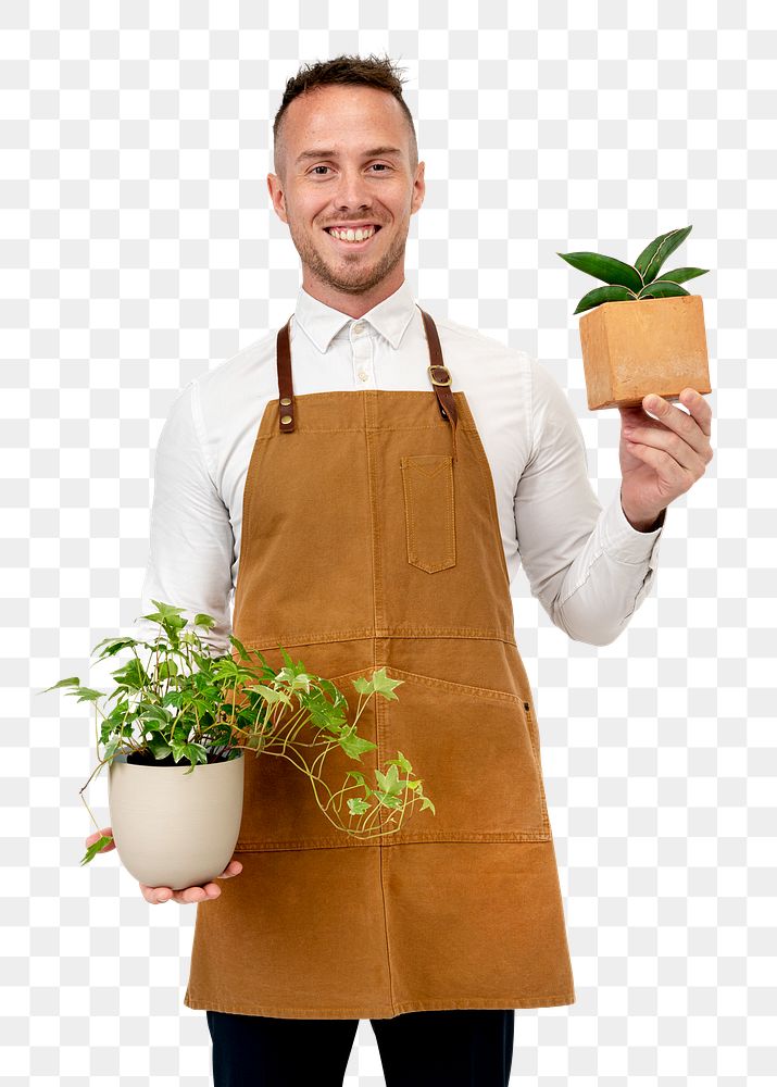 Png plant shop owner mockup holding houseplants