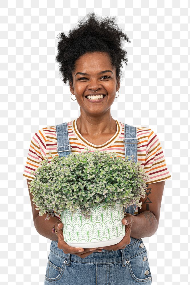 Png African American plant lady mockup holding potted shrubs