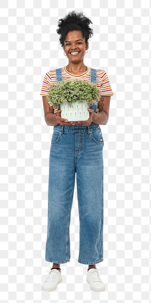 Png African American plant lady mockup holding potted shrubs