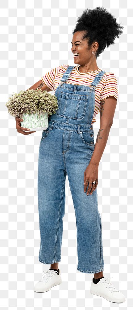 Png African American plant lady mockup holding potted shrubs