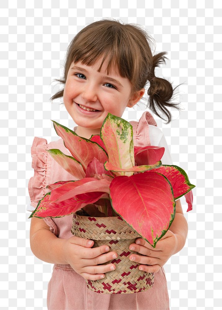 Png happy girl mockup with potted aglaonema pink lady