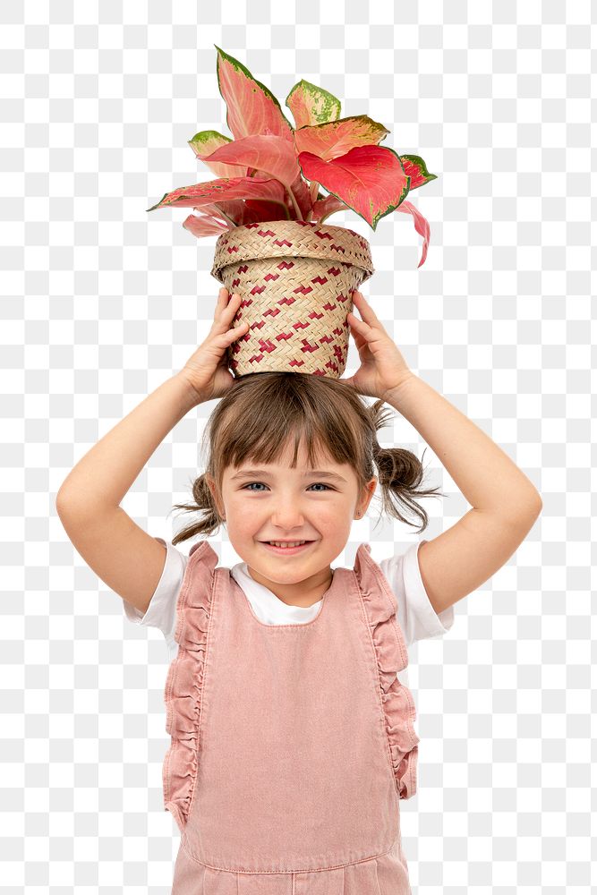 Png happy girl mockup with potted aglaonema pink lady