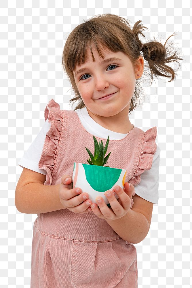 Png little girl mockup with small potted aloe vera