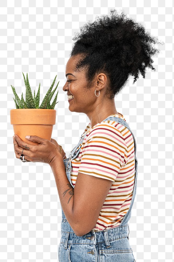 Png happy plant lady mockup holding potted aloe vera side view