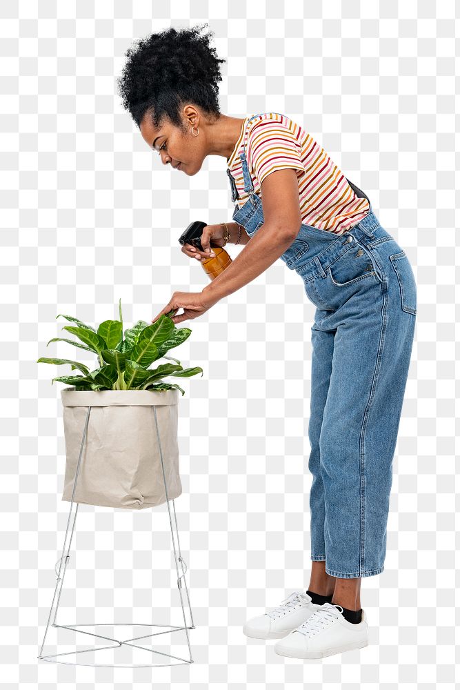Png plant parent mockup taking care of her calathea plant