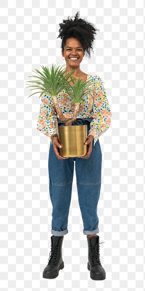 Png plant lady mockup holding potted agave