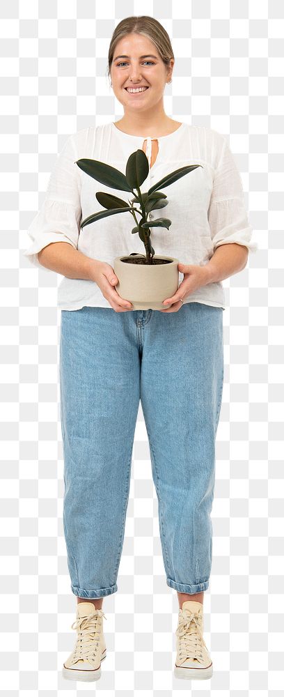 Png happy plant parent mockup holding potted rubber plant