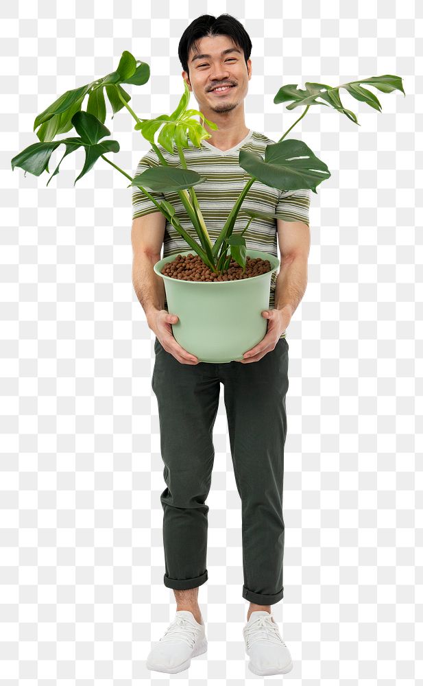 Png Asian plant parent mockup holding potted monstera
