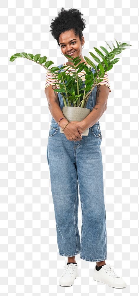 Png plant lady mockup holding potted zanzibar gem