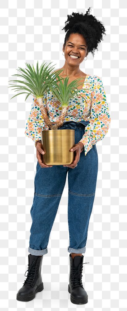 Png plant lady mockup holding potted agave