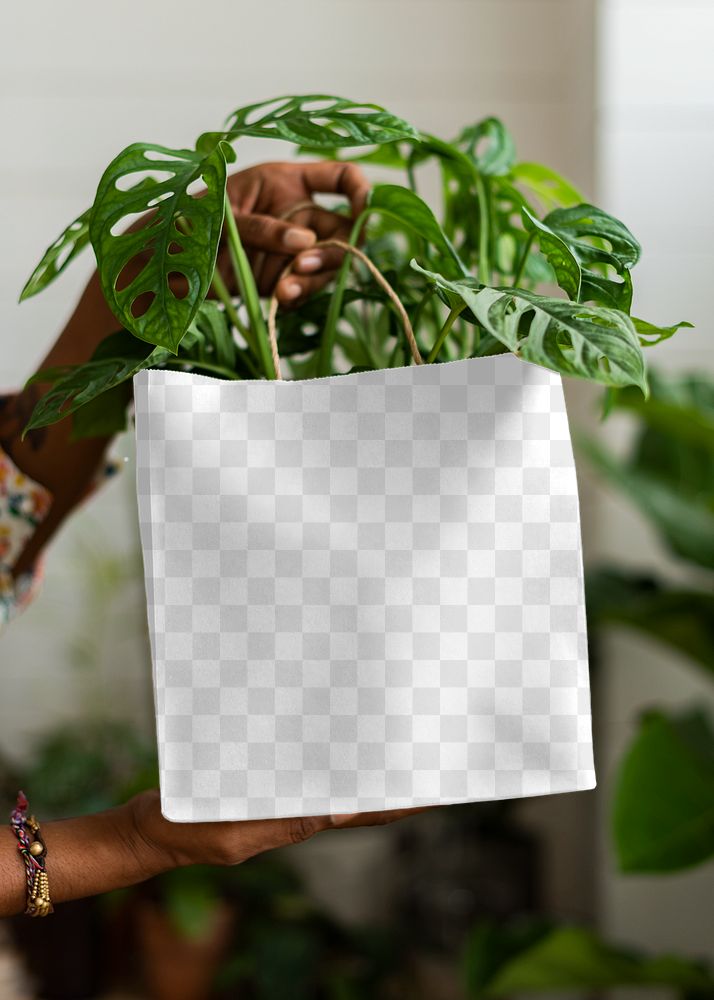 Png shopping bag mockup with plant inside eco-friendly shop