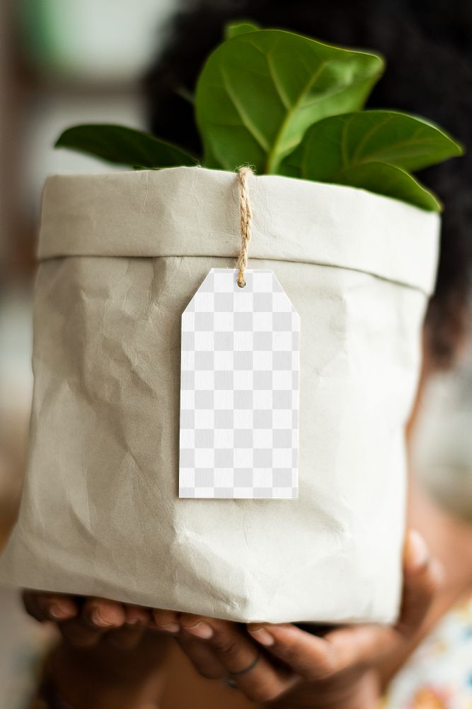Png tag mockup on houseplant bag