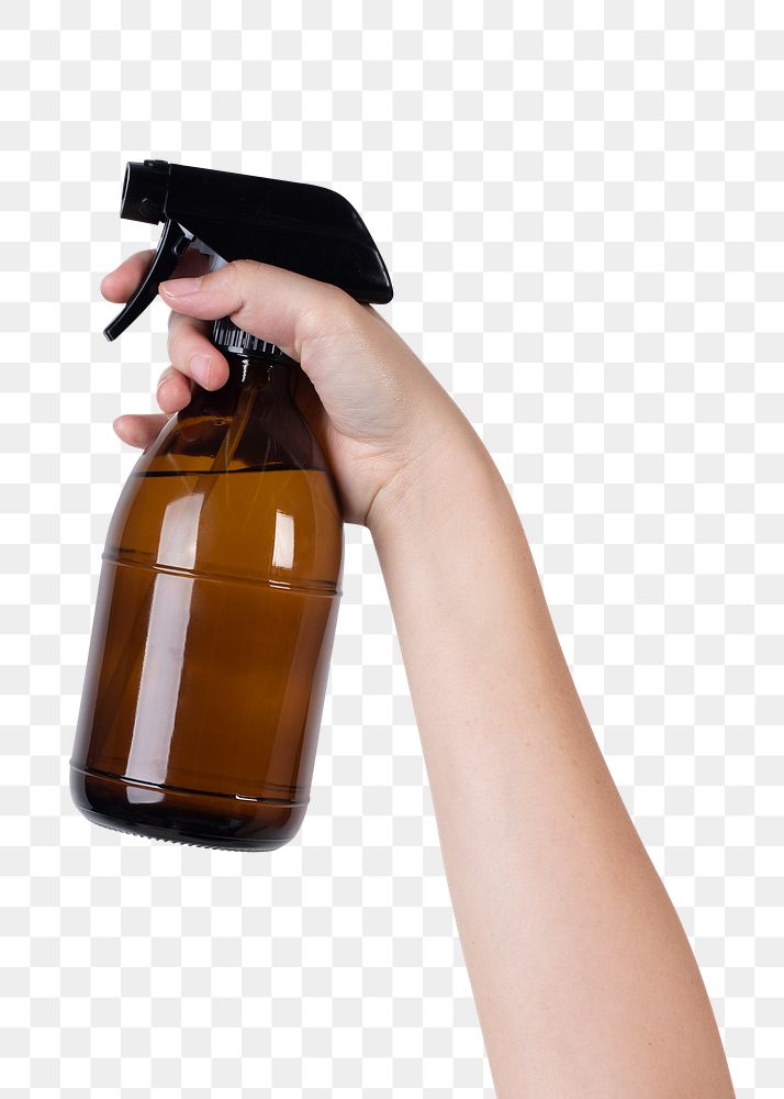 Png hand mockup holding water spray bottle