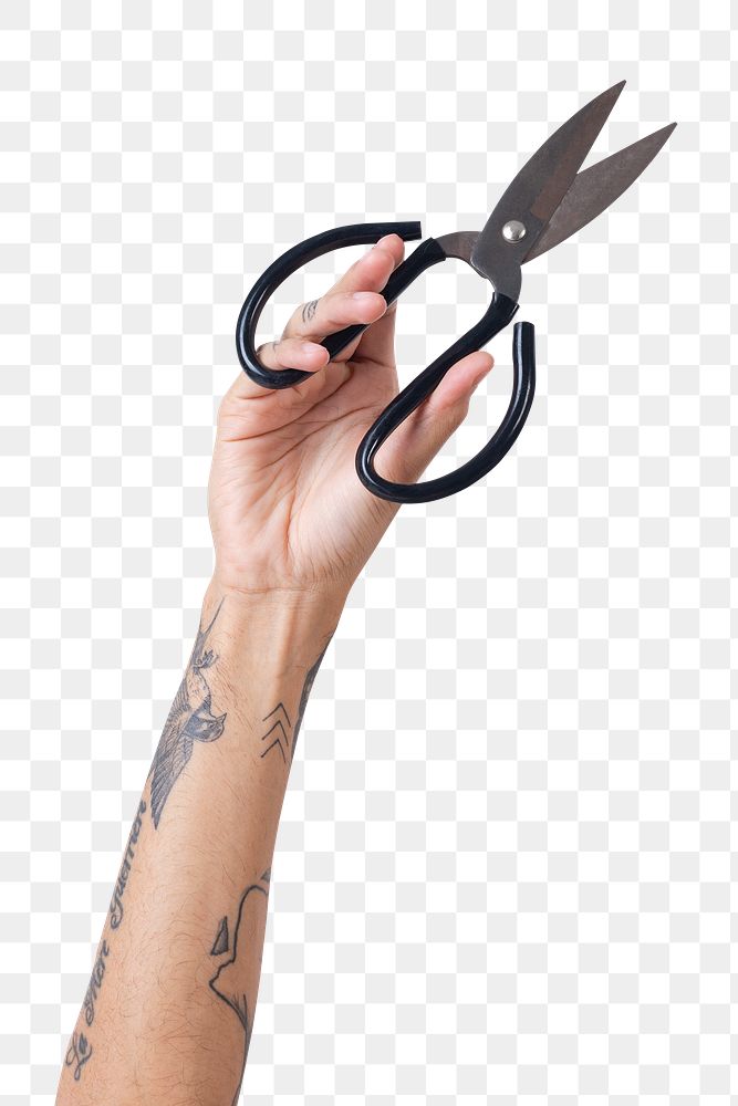 Png tattooed hand mockup holding garden scissors gardening tool