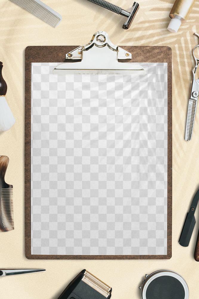 Paper png mockup on clipboard, barber tools in jobs and career concept