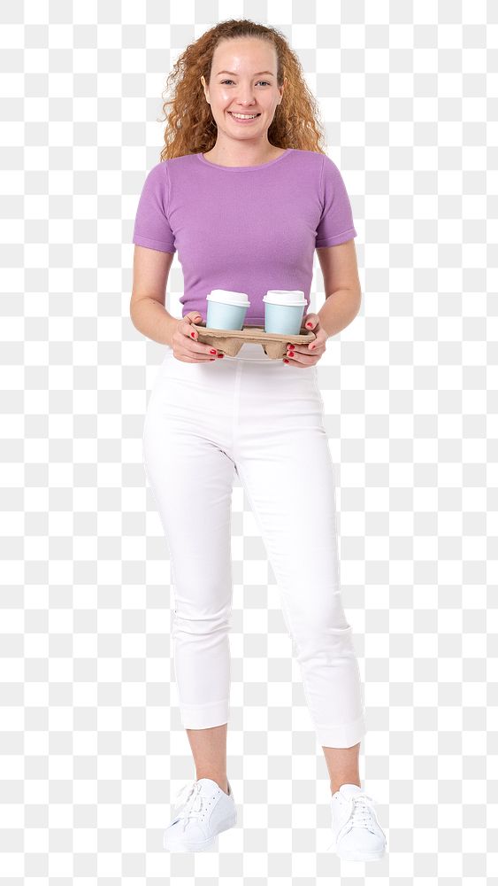 Woman png holding coffee cup mockup