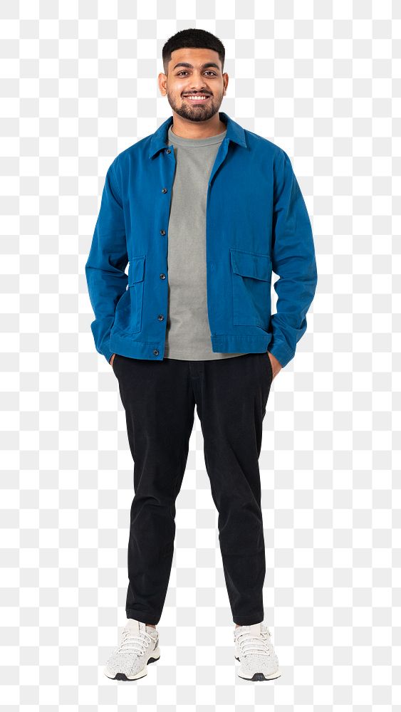 Png Smiling Indian man mockup in blue jacket full body