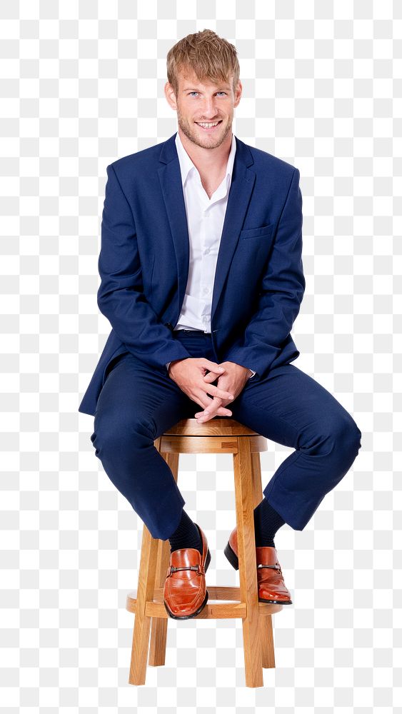 Png Successful businessman sitting mockup on a wooden stool jobs and career campaign