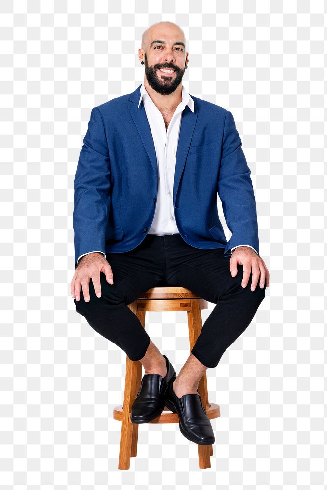 Png Cheerful businessman sitting mockup on a wooden stool jobs and career campaign