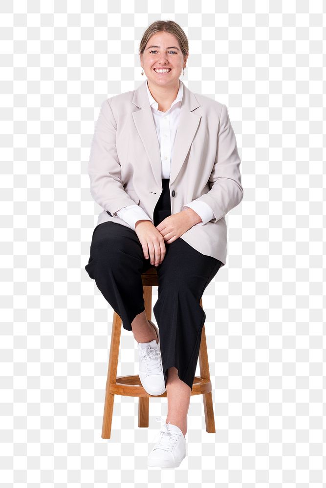 Png Cheerful businesswoman sitting mockup  on a wooden stool jobs and career campaign