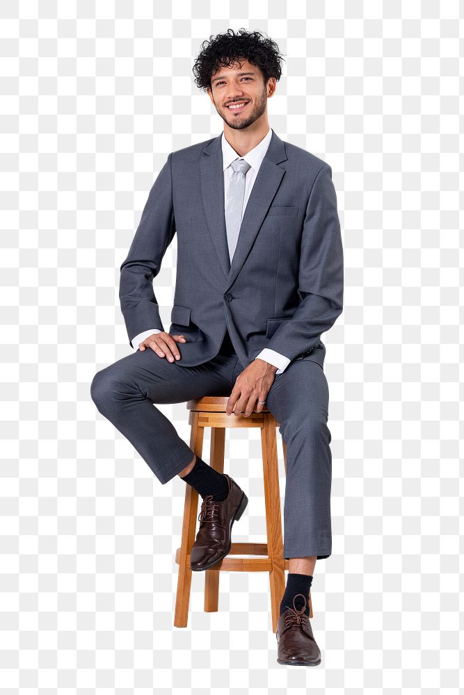 Png Confident businessman sitting mockup on a wooden stool jobs and career campaign