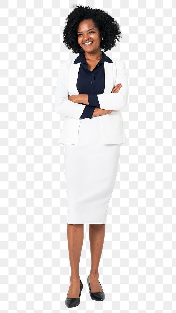 Png Cheerful African businesswoman mockup full body portrait for jobs and career campaign