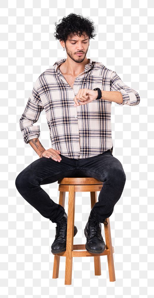 Png Latin man sitting mockup on a stool while checking the time