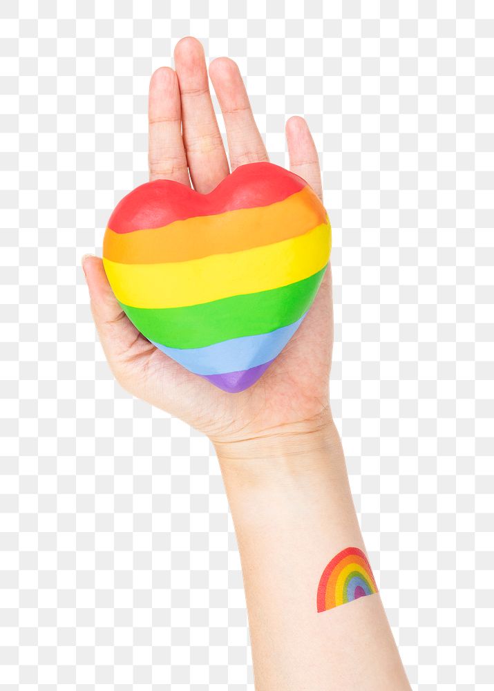 Png LGBTQ+ community heart mockup with hands presenting