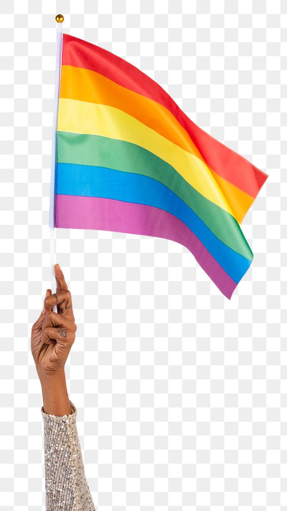 Png LGBTQ+ pride flag mockup with woman&rsquo;s hand raising