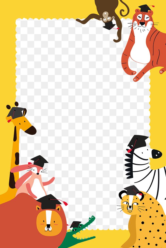 Animals png cute frame in yellow for kids
