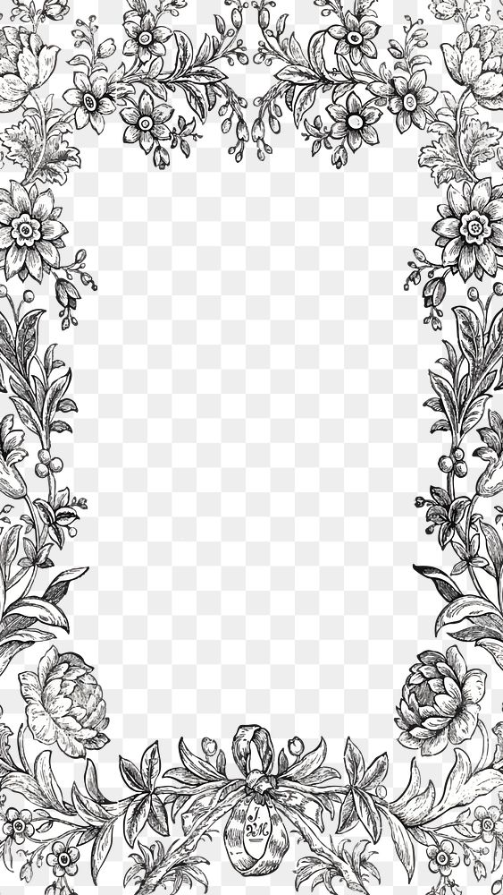 Vintage bw floral frame png, remixed from public domain collection