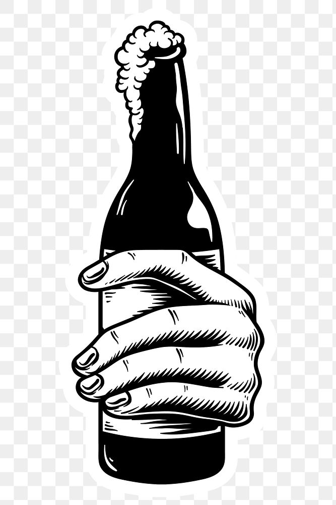 Hand holding a beer bottle sticker design element