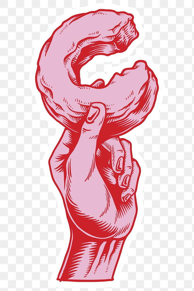 Red hand holding a bitten donut sticker design element 