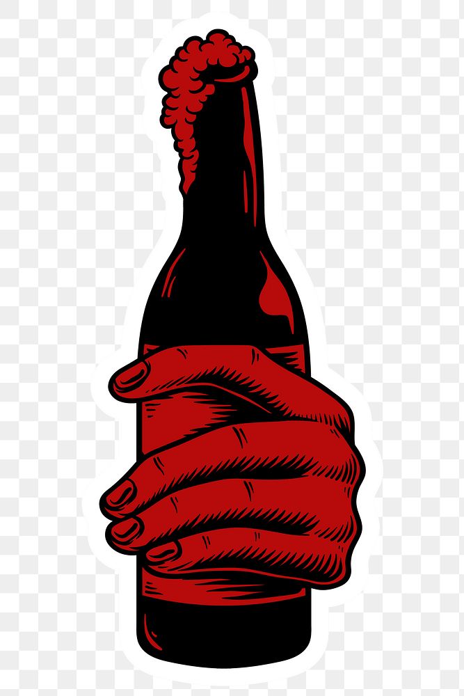Hand holding a beer bottle sticker design element