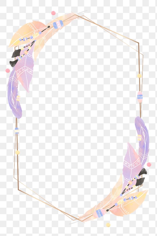 Hexagonal feather frame png Boho style