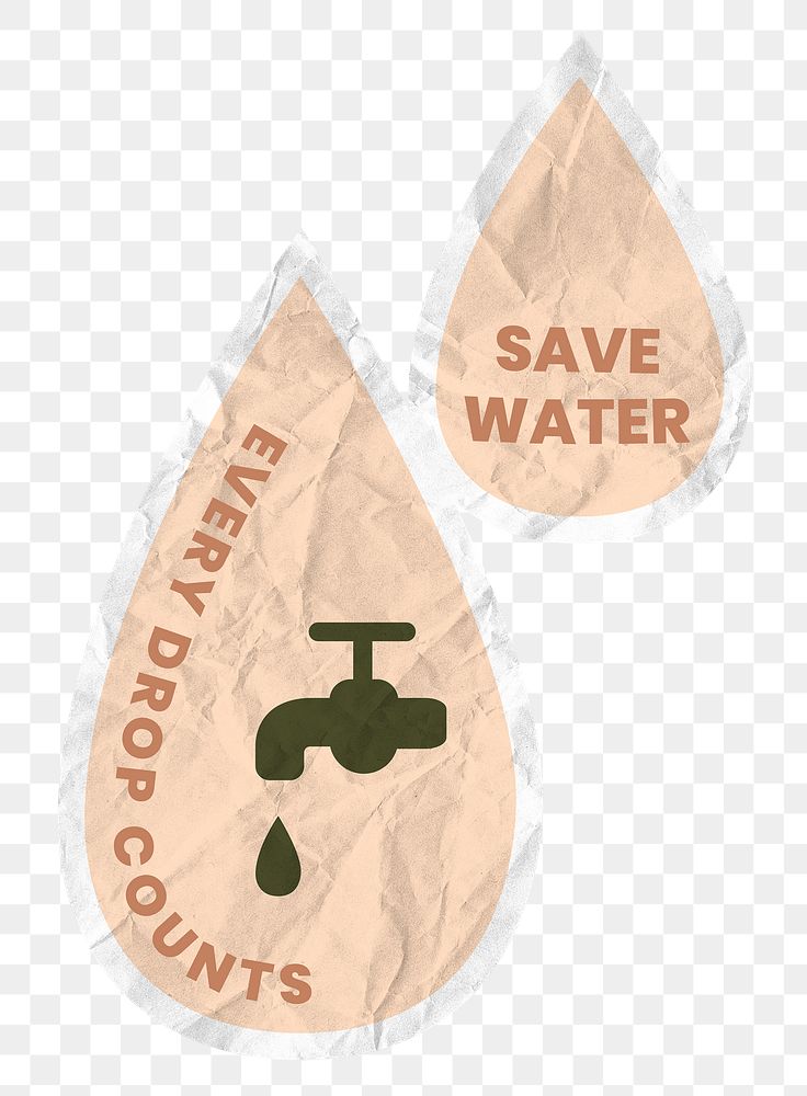 Png save water sticker illustration in crumpled paper texture, every drop counts text