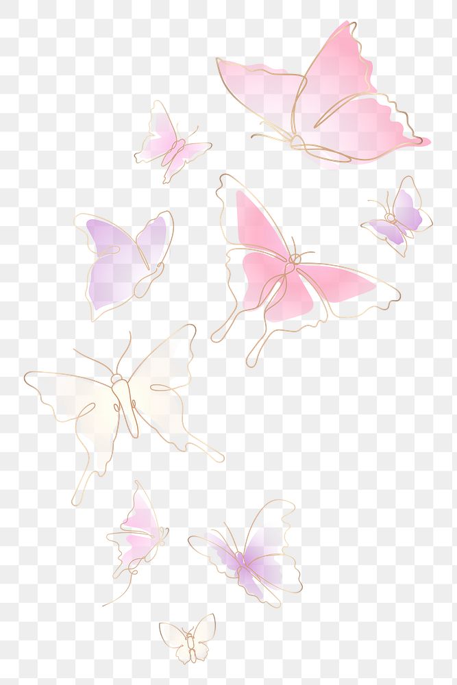Flying butterfly png sticker, pastel pink line art clipart set
