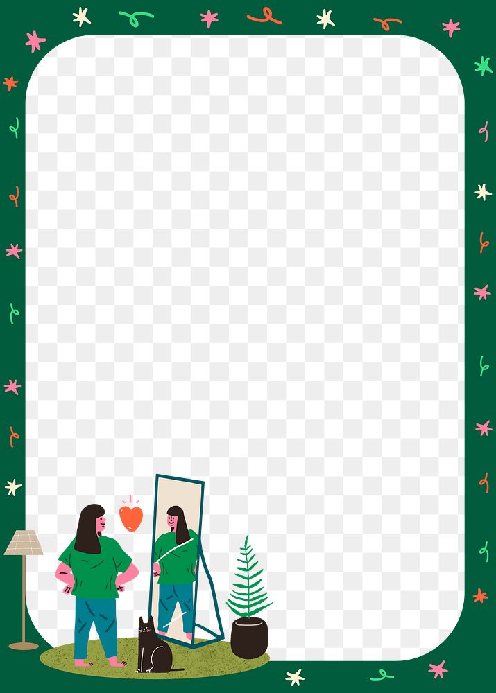 Green funky background png transparent, doodle frame with woman cartoon