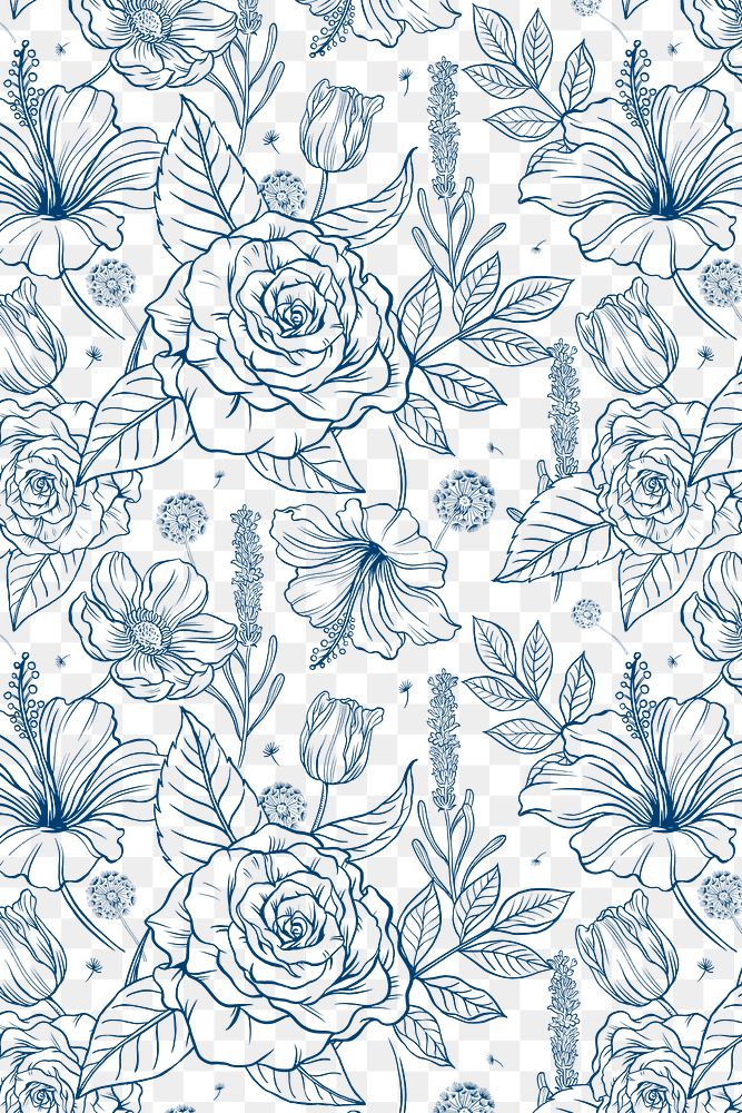 Vintage rose png transparent background, blue pattern, botanical illustration