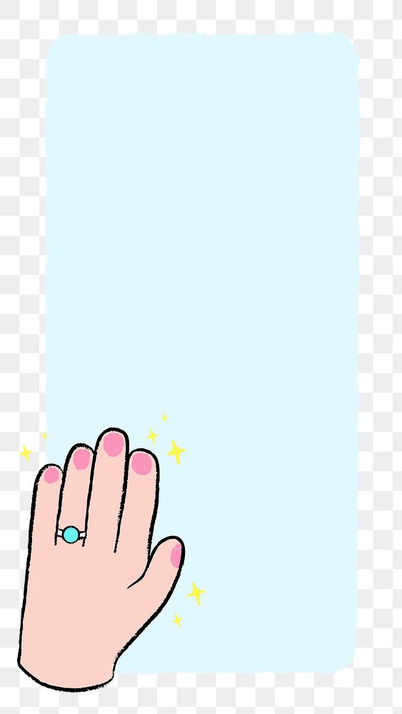 Blue doodle png frame transparent background, cute feminine hand