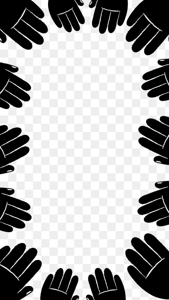 Hand palm frame png transparent background, doodle in black and white